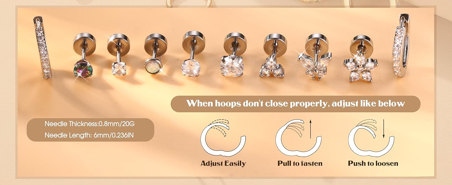 12Pairs Flat Back Earrings for Women Men Hypoallergenic Steel Earrings for Sensitive Ears 14K Gold Hoop Stud Sleeper Earrings Flatback Cartilage Tragus Helix Piercing Earrings Studs Earrings