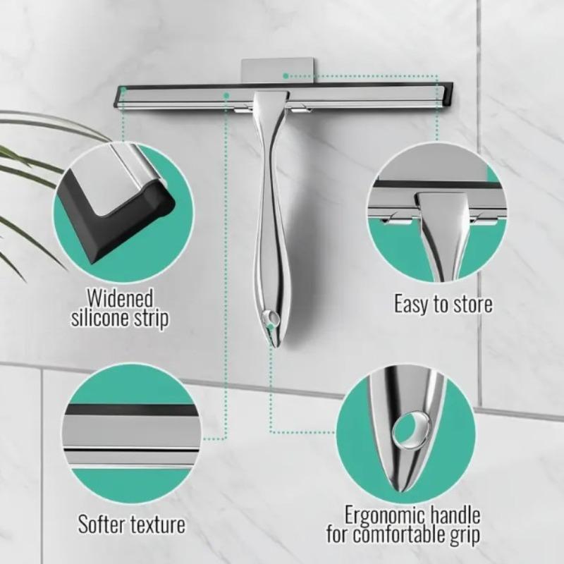 Stainless Steel Multi-Purpose Shower Squeegee, Replaceable Rubber Blade, Handheld Glass Cleaner, Durable Home Cleaning Tool, Squeegee Drying