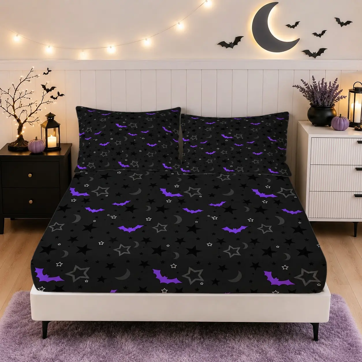 Sweet‑Cool Gothic Bat And Moon‑Star Print Fitted Sheet Set, Includes 1 Fitted Sheet + 2 Pillowcases, Without Pillow Inserts, Deep Pocket Design, Great Home Item for Teens and Adults, Holiday Gift for Family and Friends