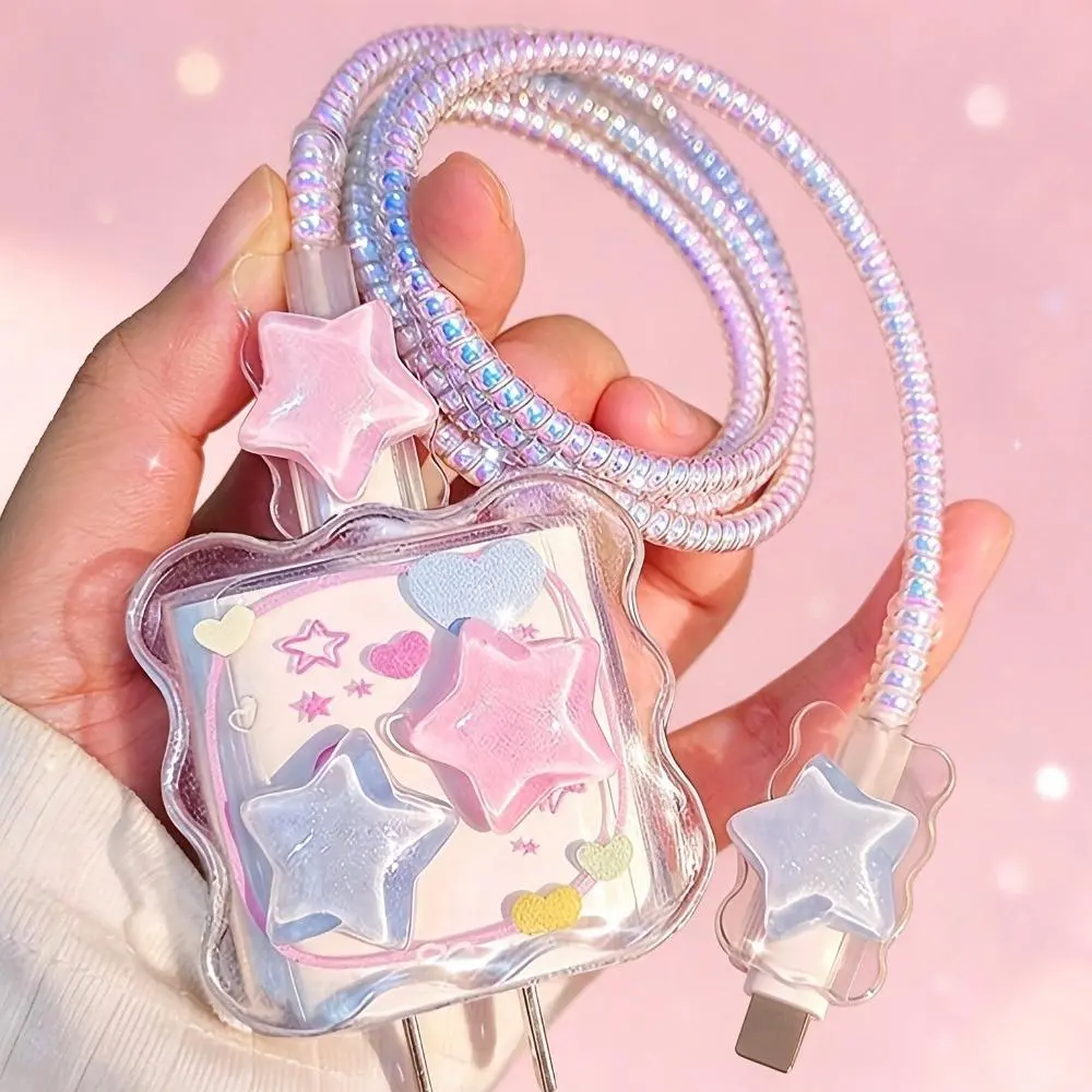 Cute Star Cable Protector Set for iPhone 18/20W Fast Charger, INS Style Charger Cover, Anti-Break Charging Cord Sleeve