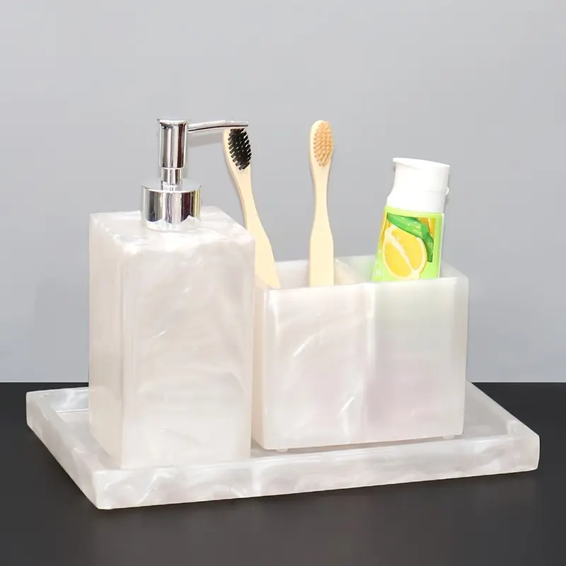 3-piece set including marble sandstone soap dispenser, toothbrush holder and countertop tray. Home bathroom & apartment decorative accessories, 3-piece soap bottle kit.