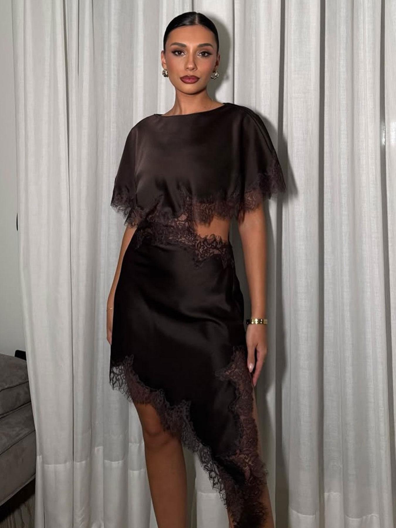 Lace Mini Dress with Cape Sleeves, Asymmetrical Hem and Intricate Lace Trim, Formal Party Fashion Dress