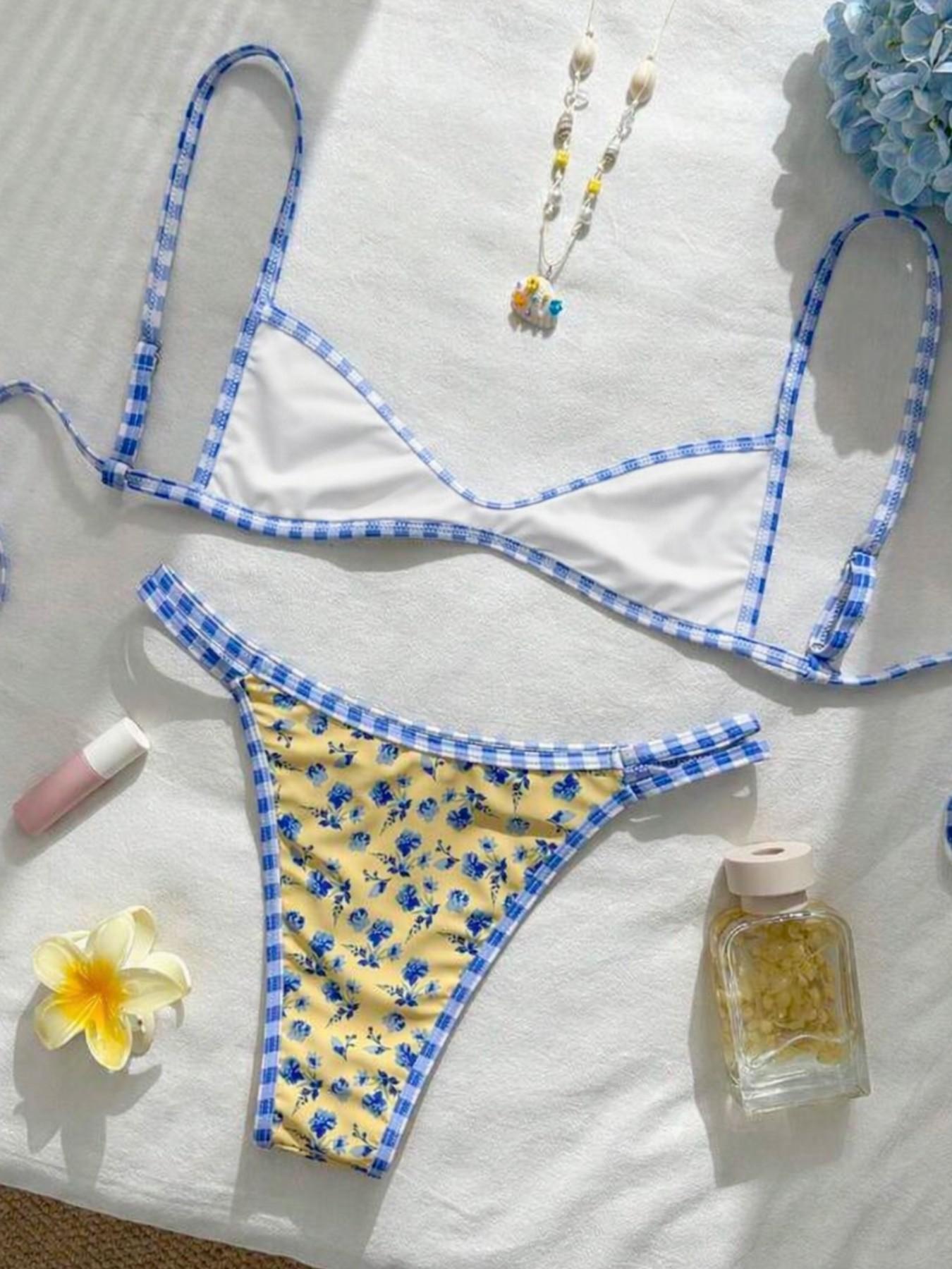 2026 Spring/Summer Women's Swimsuit Yellow Base with Random Blue Flower Print Cute and Sweet High-Waist Side Bikini Two-Piece Set
