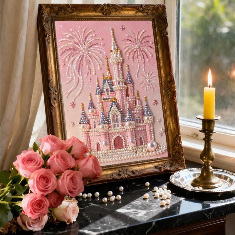 2026 New Pearl Painting: Pink Pearl Fairy Tale Castle Fireworks Glow Theme Frameless Canvas Art Print DIY Decorative Painting Ideal for bedroom decor, living room wall art, room accents, and artwork Perfect as Christmas, New Year, or Valentine's Day gifts