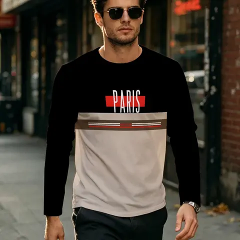 Men's Colorblock Long Sleeve T-Shirt, Paris Letter Stripe Contrast Round Neck, Casual Daily Wear, Fitted H-Type, All over Print, Classic