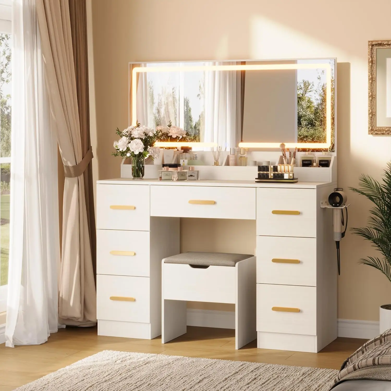 GARVEE 45.9-in Wall Mounted Durable Makeup Vanity Table, Wood & Metal Frame, Large Lighted Mirror with 3 Lighting Modes & Adjustable Brightness, 2 Standard Outlets & Built-in Charging Station, 8 Storage Drawers, Double-Layer Floating Shelves, for Bedroom,