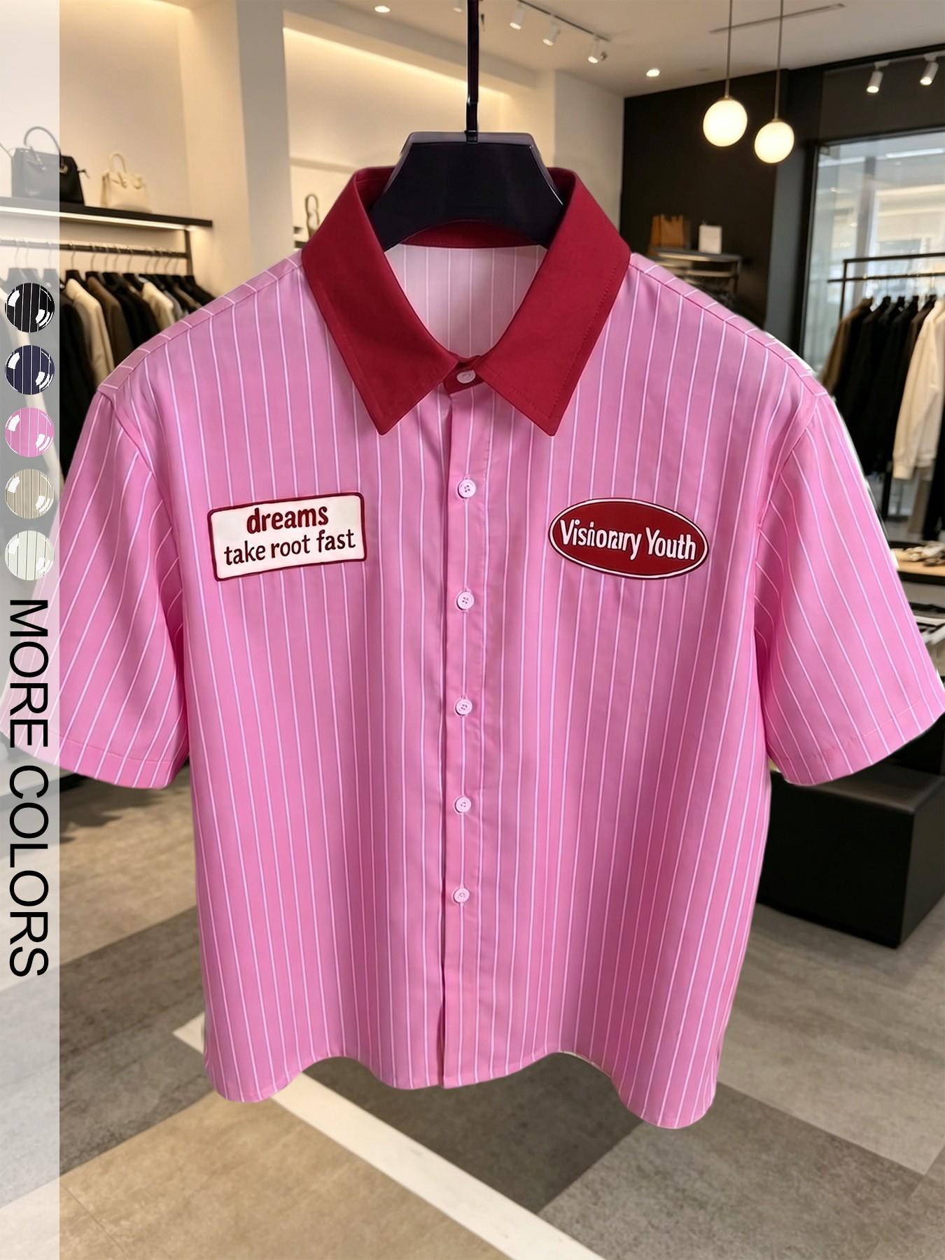 Vintage Plaid Patchwork Men's Short Sleeve Blouse, Loose Fit American Street Style Casual Top, Pop Art Print, with Button, with Collar