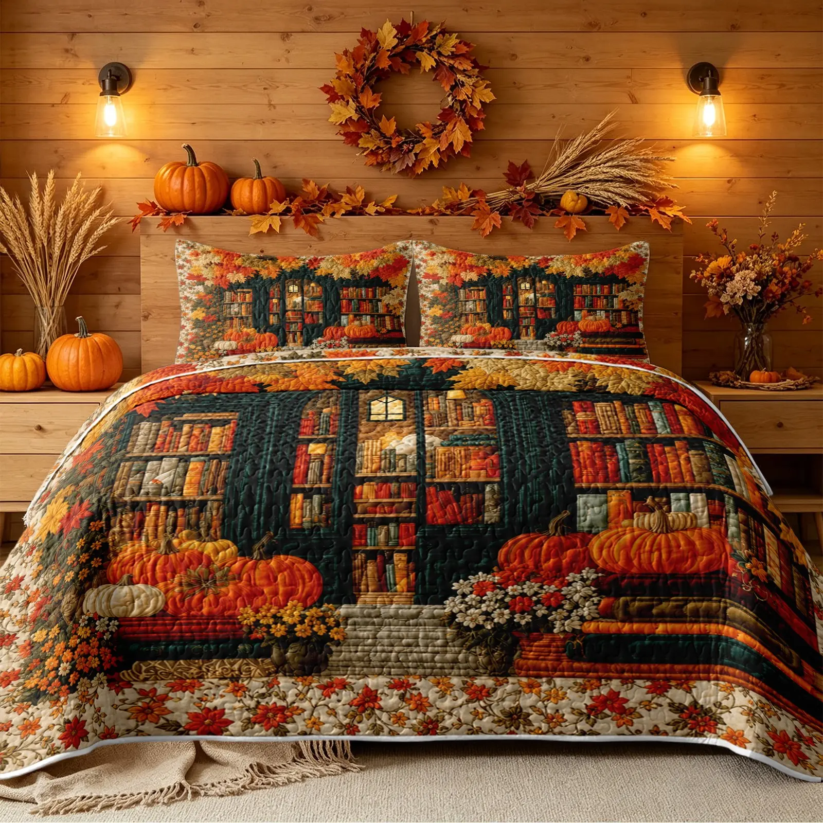 3pcs Quilt Set Vintage Autumn Bedding Set Retro Library Bookshelf Pumpkin Red Maple Leaf Autumn Floral Patchwork Print Quilt Includes 1 Quilt 2 Pillow Shams Reversible Design For All Seasons Nice Fall Gift For Literature Lovers
