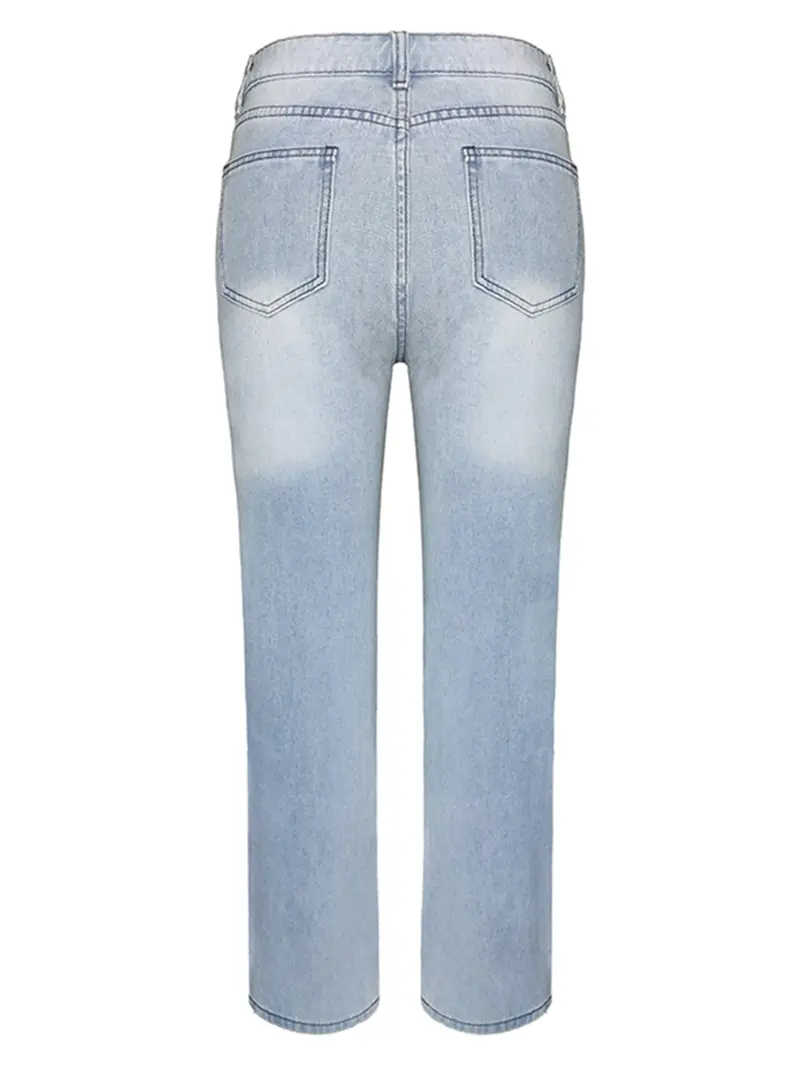Daily Wear Light Wash Jeans with Large Plant Print, Fashion Street Style Straight Leg Long Pants, Loose-Fitting All-Season Denim