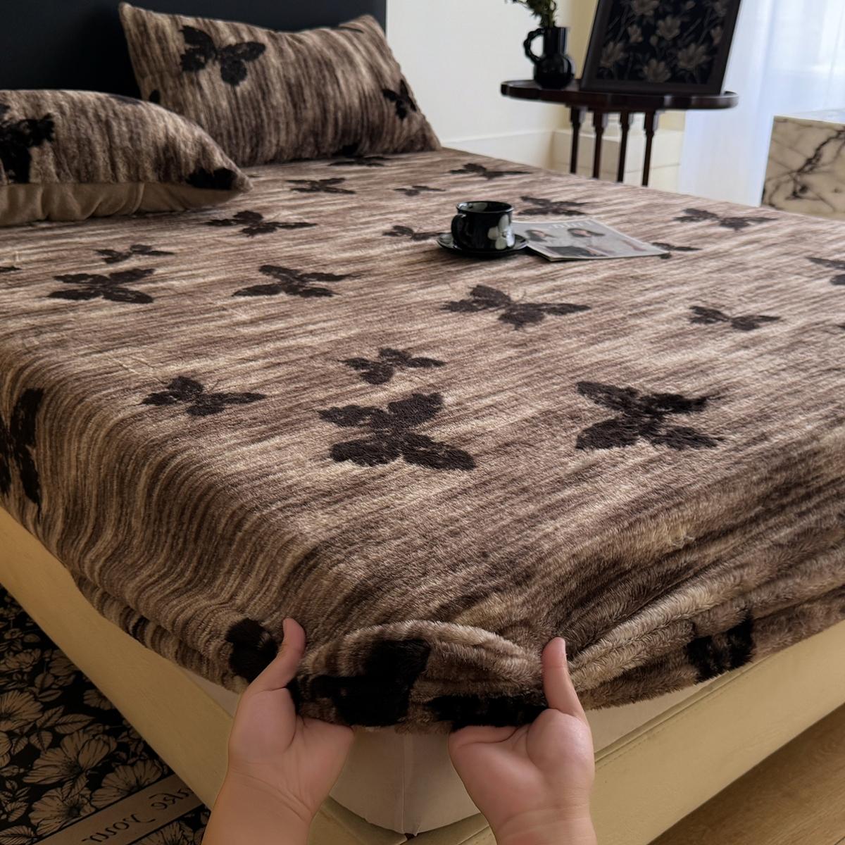 Faux Rabbit Fur Leopard, Tiger & Butterfly Print Fitted Sheet 3-Piece Set – Luxurious, Soft & Warm Solid Color Bedding, Premium Set (Includes 1 Fitted Sheet + 1/2 Pillowcases), All-Season, Perfect for Bedroom, Dorm, Sofa, Cozy Christmas Gift