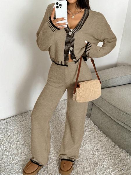 Women's V-Neck Colorblock Sweater Set, Casual Loose-Fit Crop Top & High-Waist Wide Leg Pants, Fall Winter Knitted Set, Womenswear