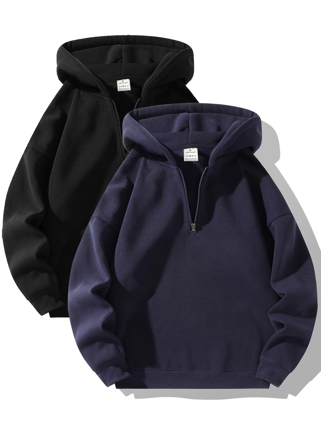 Men's Half-Zip Fleece Hoodie, Casual Plain Long Sleeve Drop Shoulder Sweater, Thick Fabric for Fall & Winter, Sporty Fashion Pullover