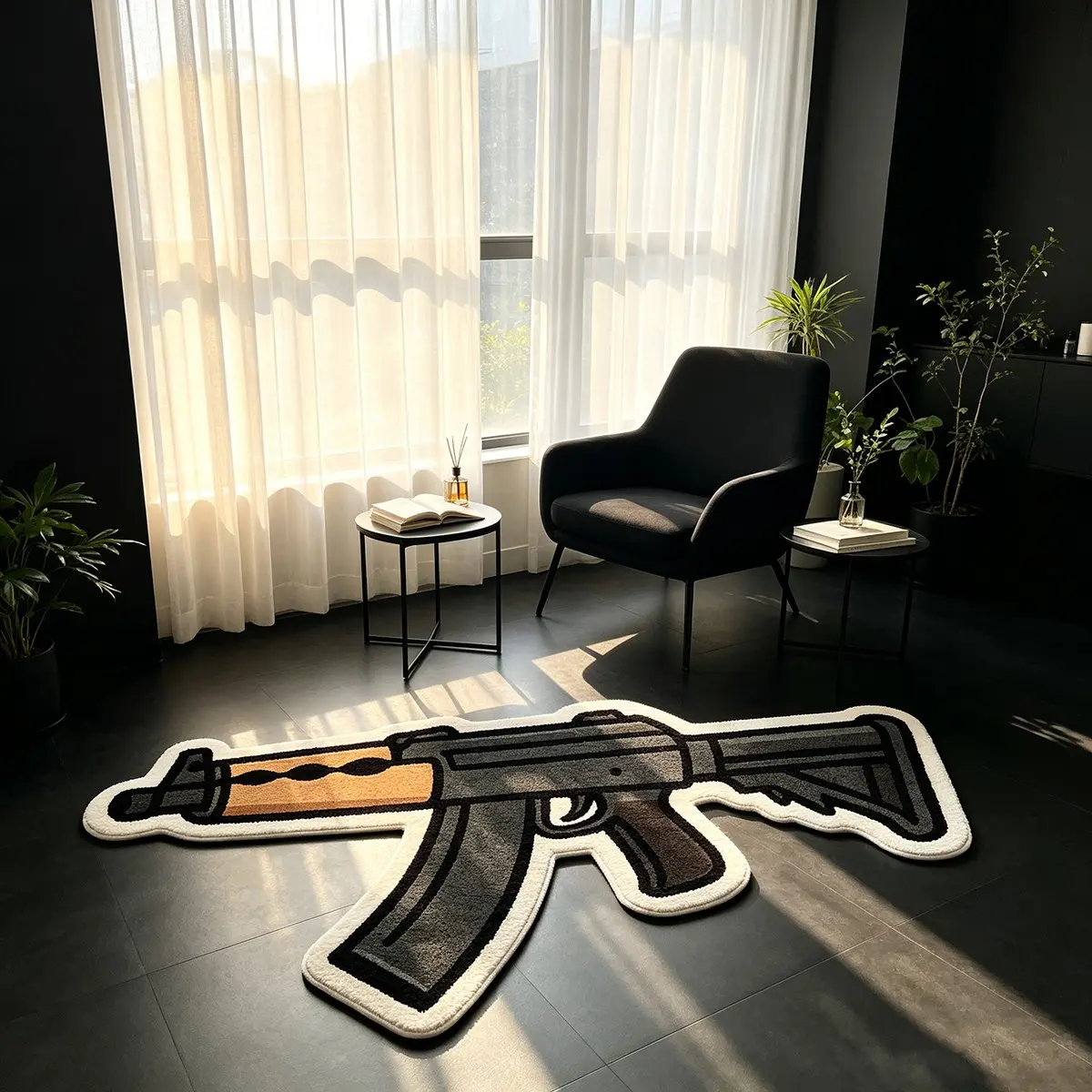 Cool AK Gun‑Shaped Irregular Rug, Realistic Weapon Design Creative Floor Mat, For Gaming Room, Living Room, Bedroom, Trendy Men Home Vibe Decor Carpet, Unique Stylish Irregular Home Floor Decor Rug