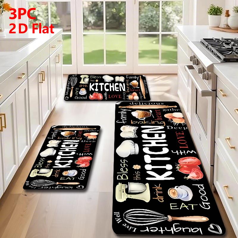 2/3 Piece Flannel Kitchen Mat Set, Decorative Rug, Kitchen Rugs Sets, Fun Kitchen Baking Tools & Food Patchwork Design, Unique Pattern, Anti-Slip, Absorbent, Home Decor