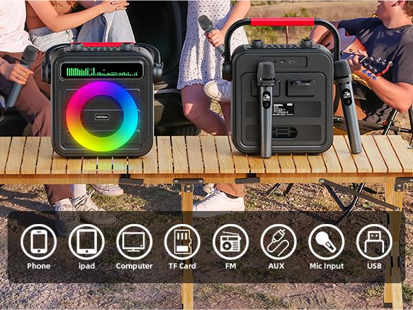 Karaoke Machine 2 Wireless Microphones, Portable Bluetooth Speaker w/PA System for Adults & Kids with LED Lights, Bass/Treble Adjustment, Supports REC/TWS/FM/AUX/USB/IF Card for Party Karaoke Machine 2 Wireless Microphones, Portable Bluetooth Speaker w/PA System for Adults & Kids with LED Lights, Bass/Treble Adjustment, Supports REC/TWS/FM/AUX/USB/IF Card for Party