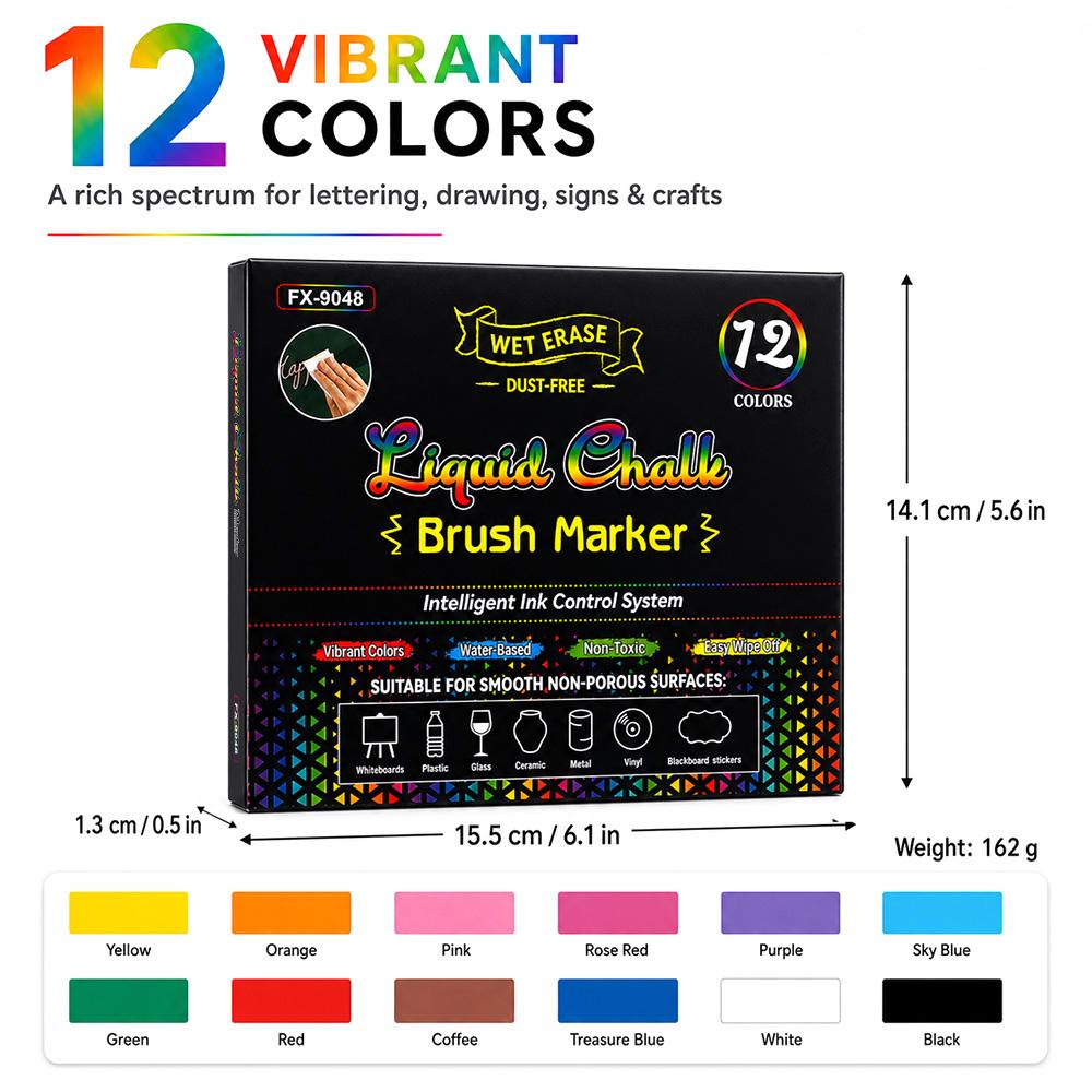 12/24 Color Erasable Liquid Chalk Marker, Soft Tip Fluorescent Glass Blackboard Pen, Dust-Free Wet-Erasable Washable Markers, Ideal for Holiday Decorations