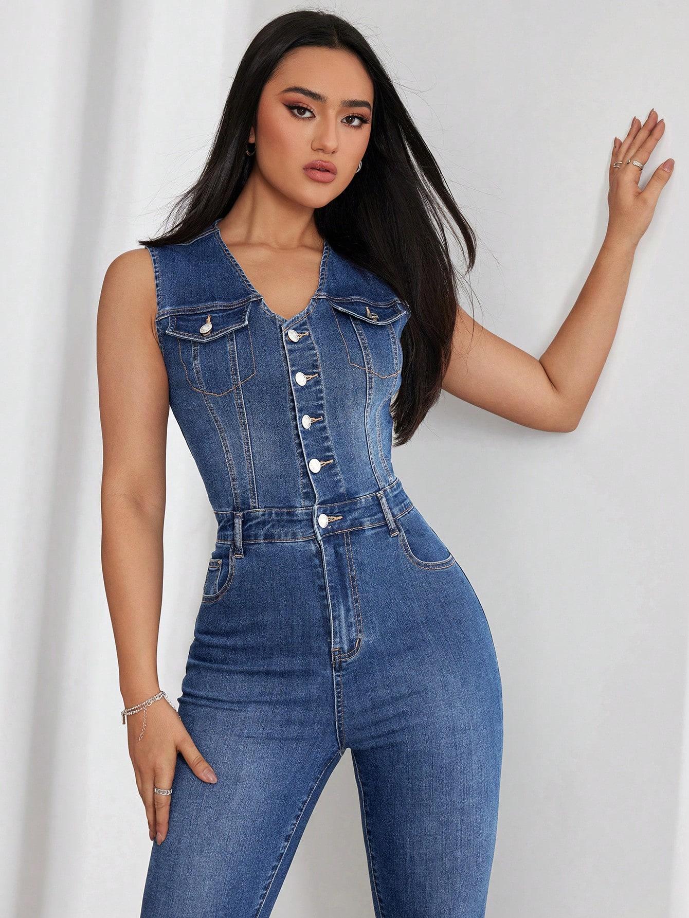 Women's Sleeveless Denim Overall Jumpsuit, Summer Essential, American Style High Waist Elastic Butt-Lifting Skinny Fit, Streetwear for Casual Outing and Music Festival