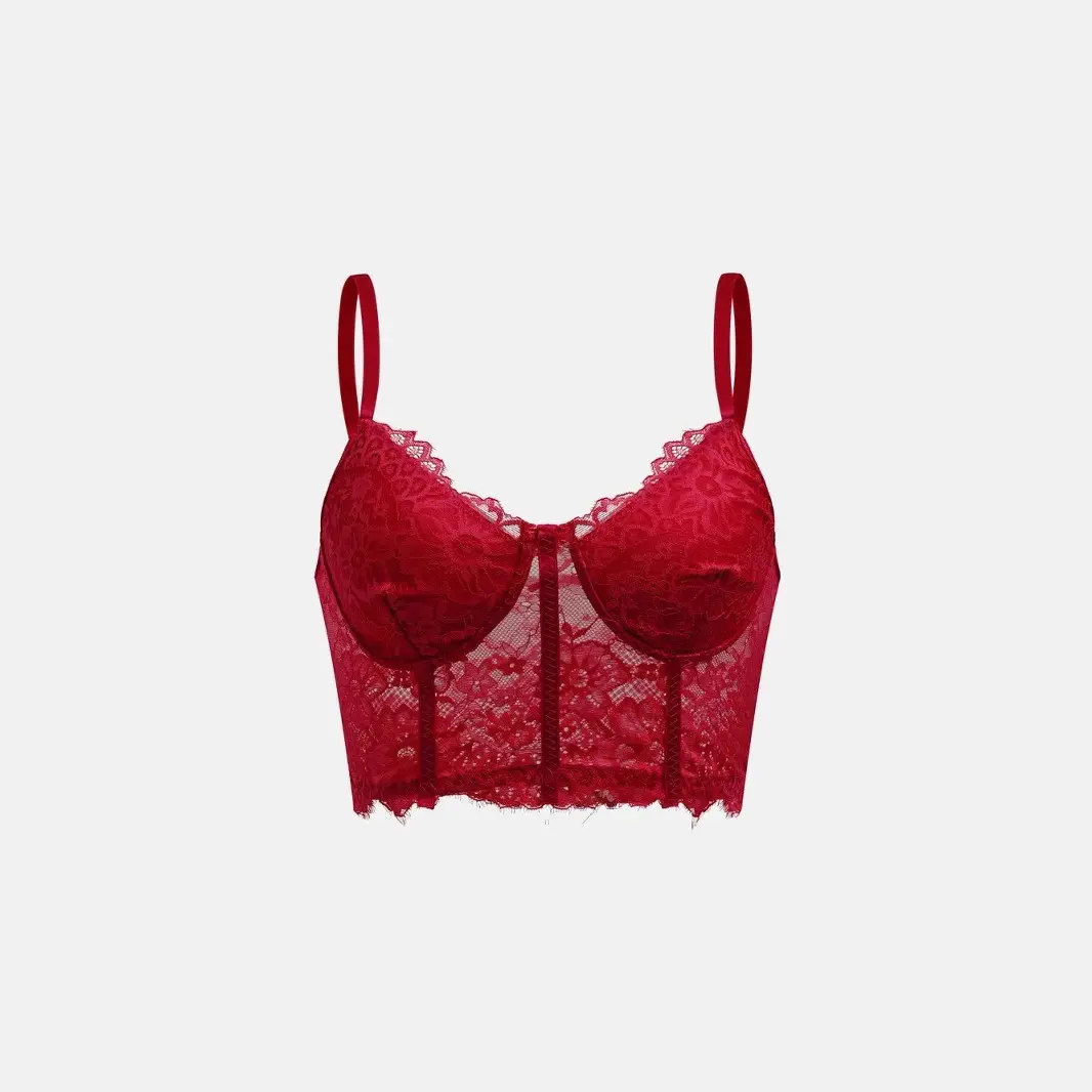 Women Eyelash Lace Corset Cami Top Spaghetti Strap Sheer Floral Lace Bralette Bustier Camisole Crop Top