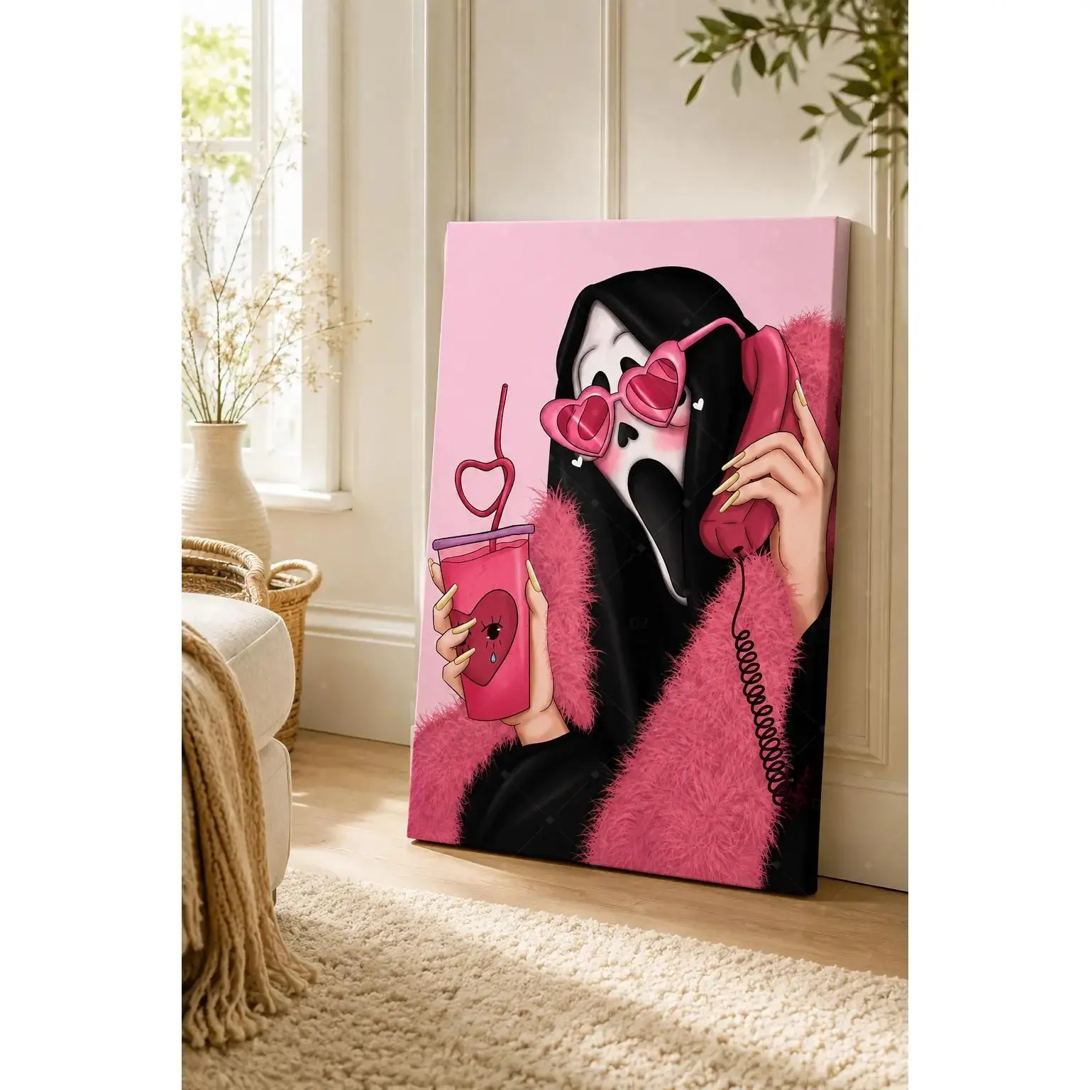 Pink Girly Ghostface Canvas poster wall decor, Cute Pink Horror Mask Portrait Wall Decor Bedroom Y2K Gothic Home Decor