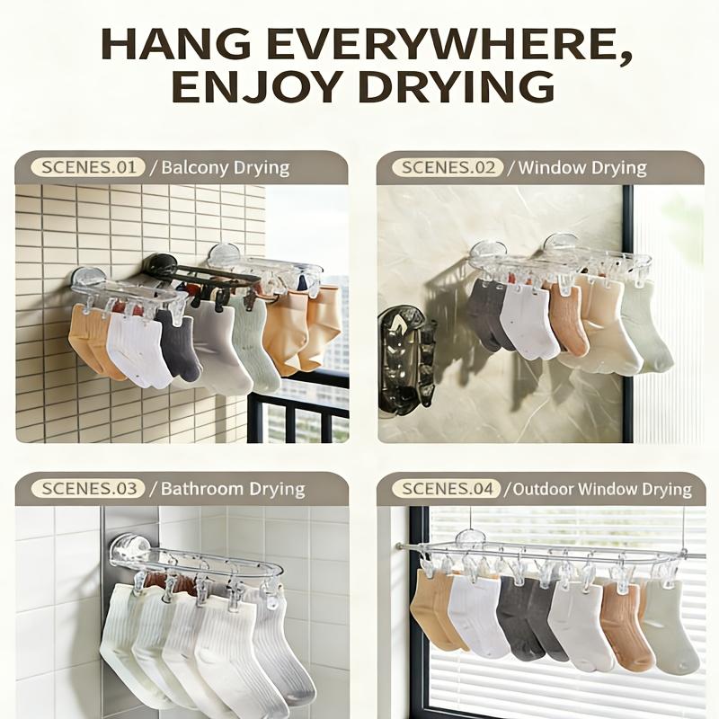 A Household No-Drill Balcony Drying Rack for Underwear And Socks, Featuring a Multifunctional Creative Wall-Mounted Storage Design. It Uses Strong Suction Cups for a Mark-Free Attachment to Walls, Drying Racks