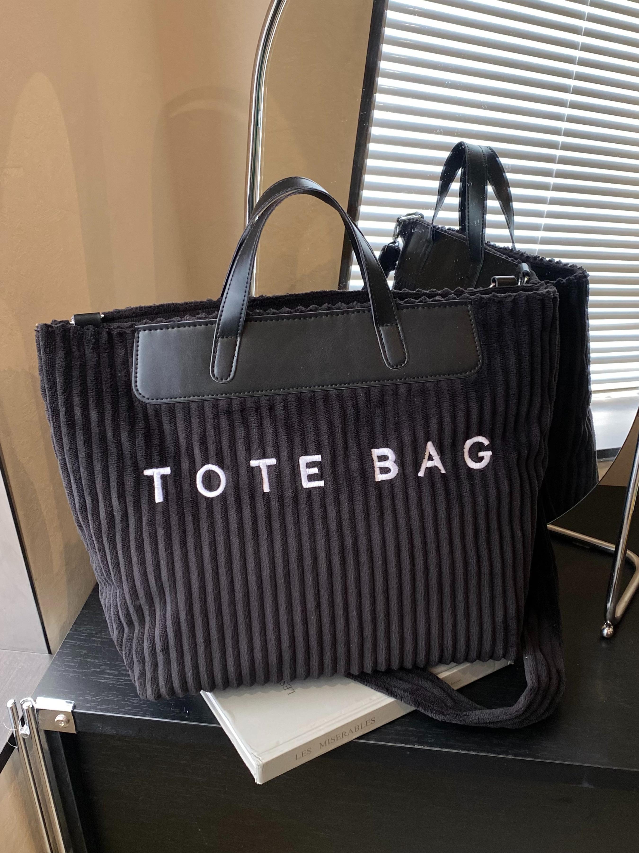 Large Capacity Corduroy Letter Design Handbag, Casual Fashion Shoulder Bag, Work & Daily Use, Everyday Bag, Stylish Tote Bag for Fall & Winter