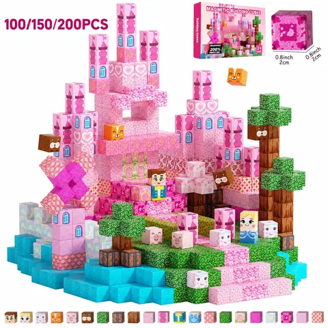 Pink Princess Castle Magnetic Tiles 150pcs, Castle Building Kit, Creative Building Set, Montessori STEM Toys for Girls Ages 3-8, Building Blocks for Creative & Sensory Play, Educational Birthday Gifts for Kids