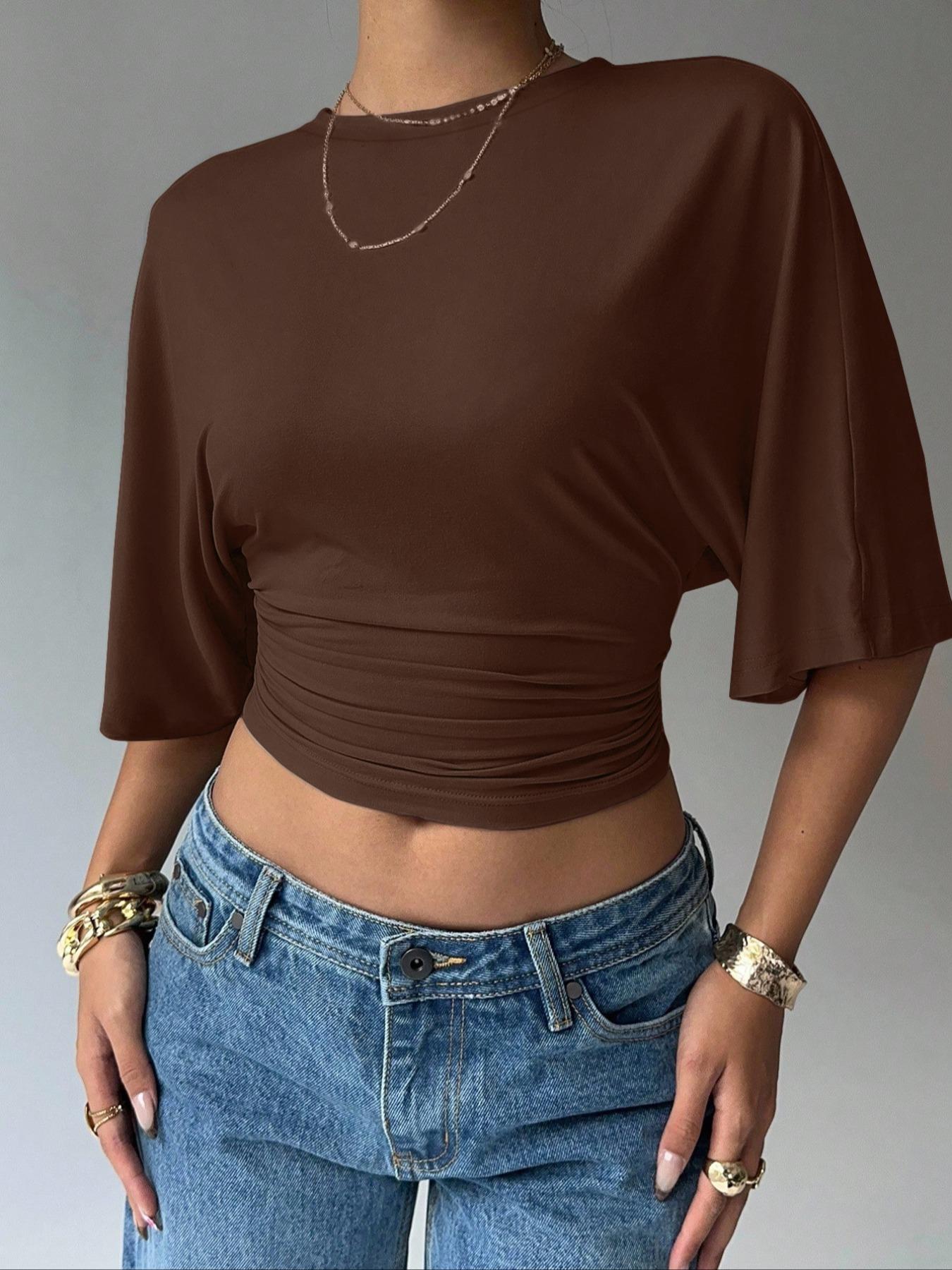 Women's Summer Basic, Simple Stylish Batwing Sleeve Ruched Short Top T-shirt, Relaxed Hem Soft Elastic T-shirt, Trendy Y2K Stretchy Knitted Crew Neck Top, Womenswear