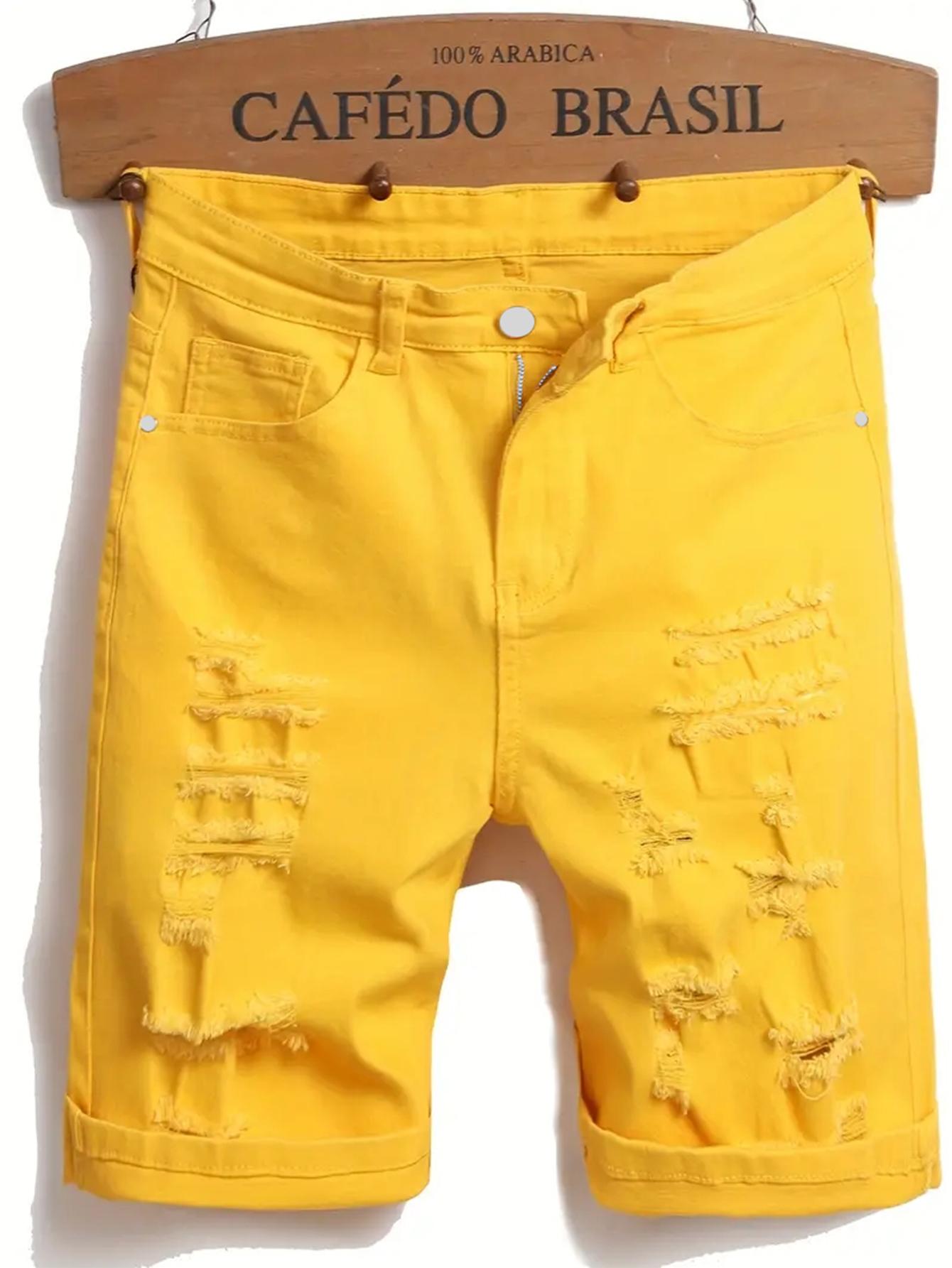 Men's Cotton Yellow Distressed Ripped Denim Shorts, Y2K Streetwear Bright Color Jean Shorts, Casual Summer Knee-Length Bottoms, High Street Fashion