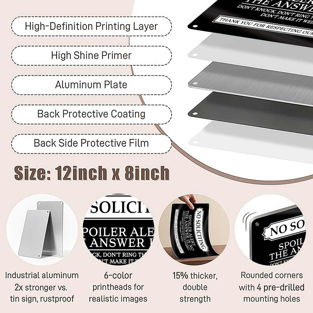 No Soliciting Spoiler Alert The Answer Is No Metal Sign 12x8 In Aluminum, Vintage Front Door Tin Sign, Retro No Soliciting Wall Art for Home, Porch, Entryway, Funny Privacy Plaque, 12x8 Inch Aluminum Sign