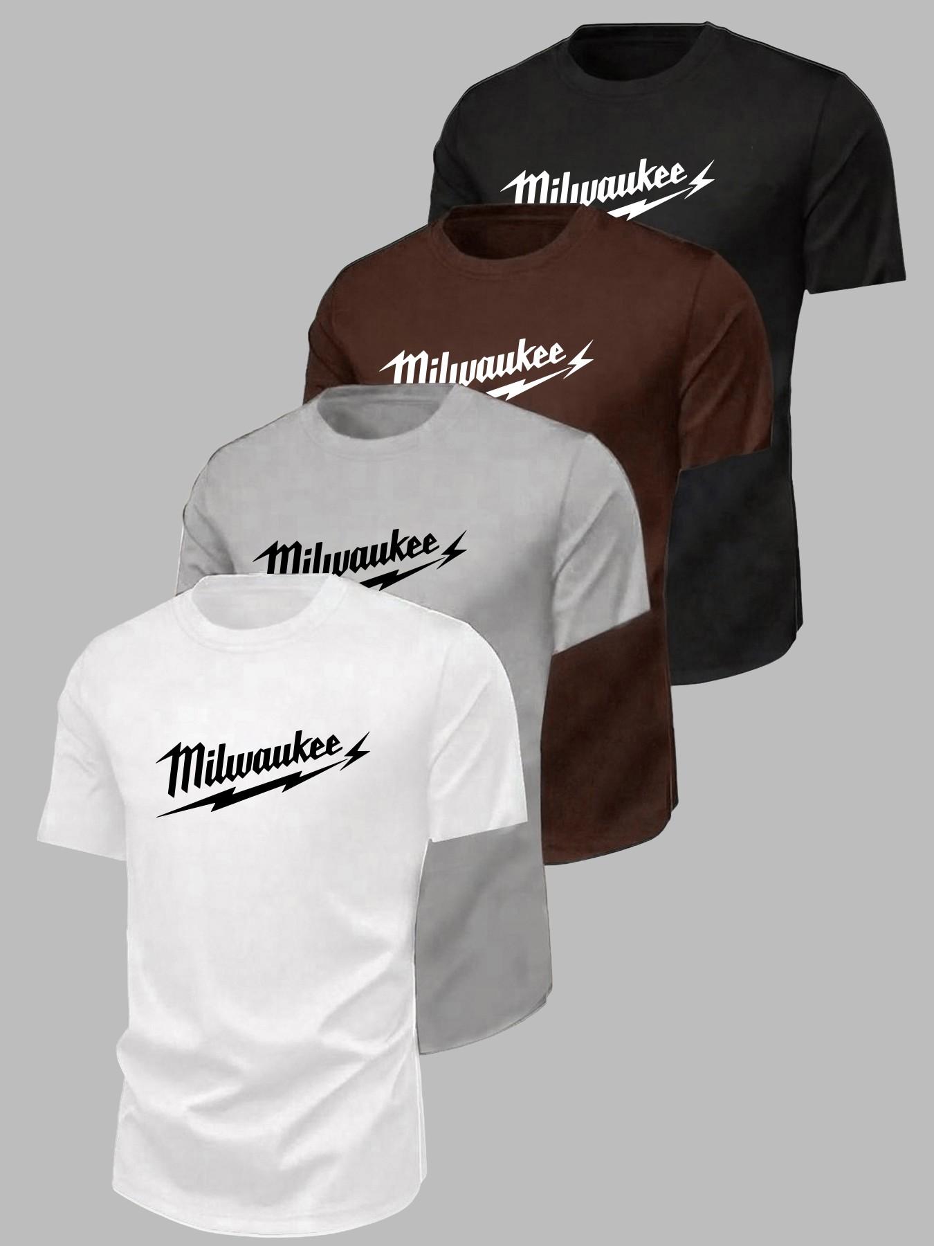 Milwaukee Lightning Print Short Sleeve Crew Neck Top, Casual Classic Pattern Shirt, Comfortable Breathable Fabric for Running Fitness Training