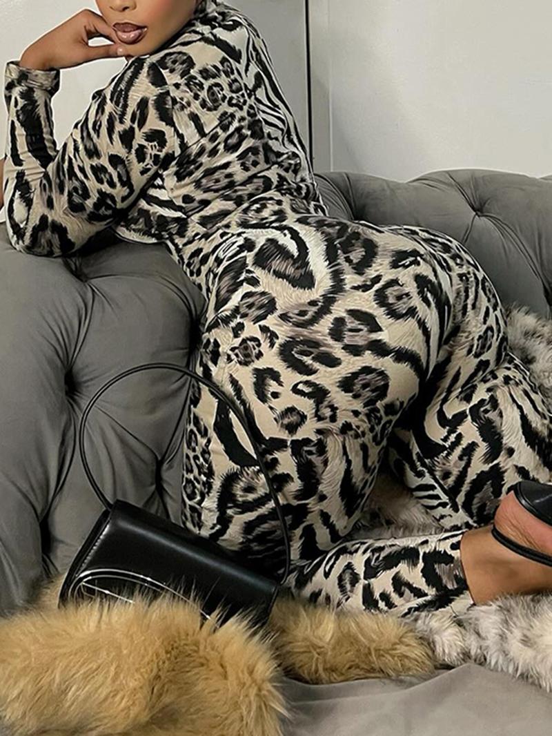 Women's Fashion Leopard Print Long Sleeve High Waist Slim Fit Jumpsuit, Sexy Sporty Style, Fall & Winter Wear, Perfect for Casual