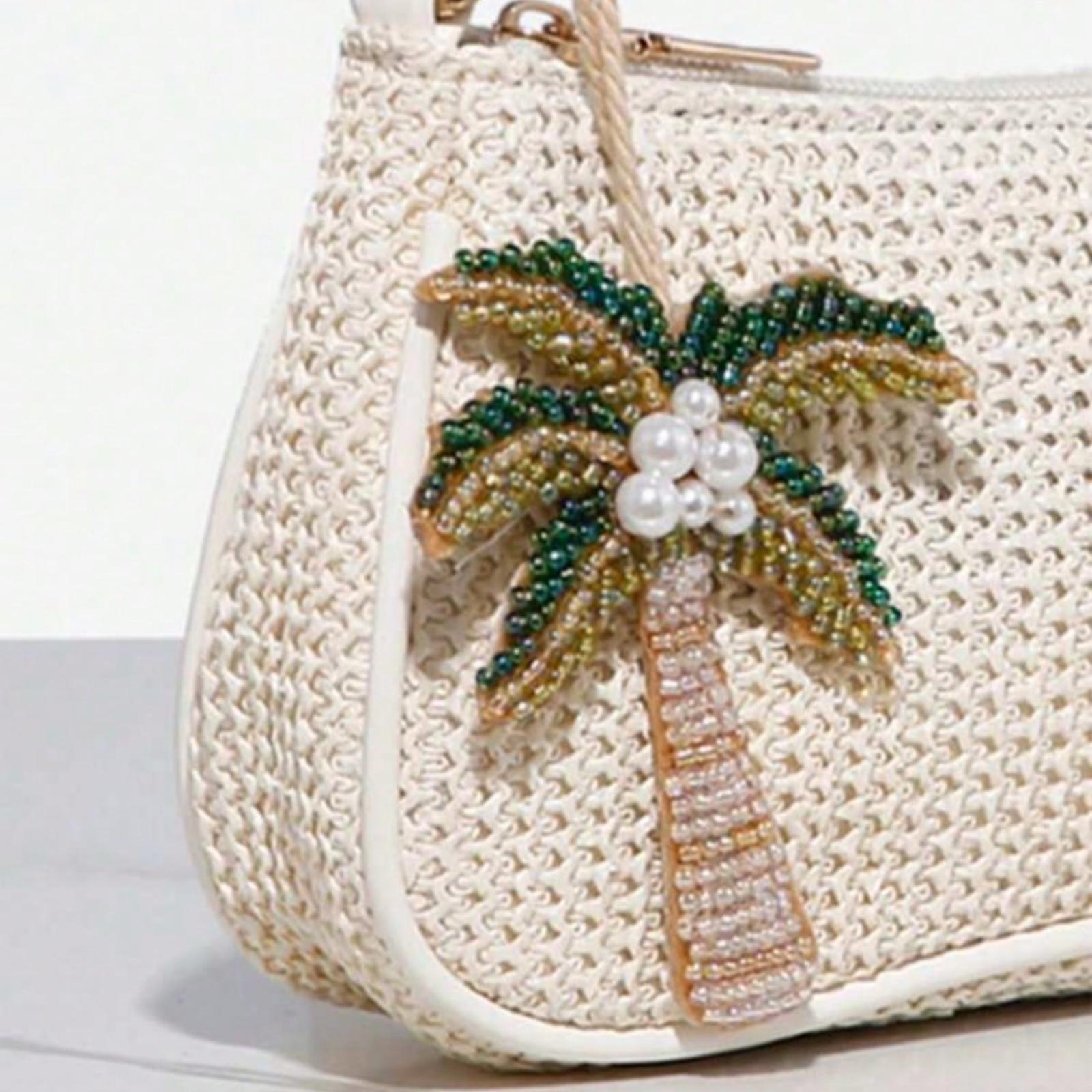 Simple Woven Underarm Bag with Charms, Ocean Animal Decorative Pendant with Beaded Chain, Summer Purse Shoulder Bag, Beachside Resort Style, Women's Zipper Hobo Bag, Suitable for Daily and Vacation Use