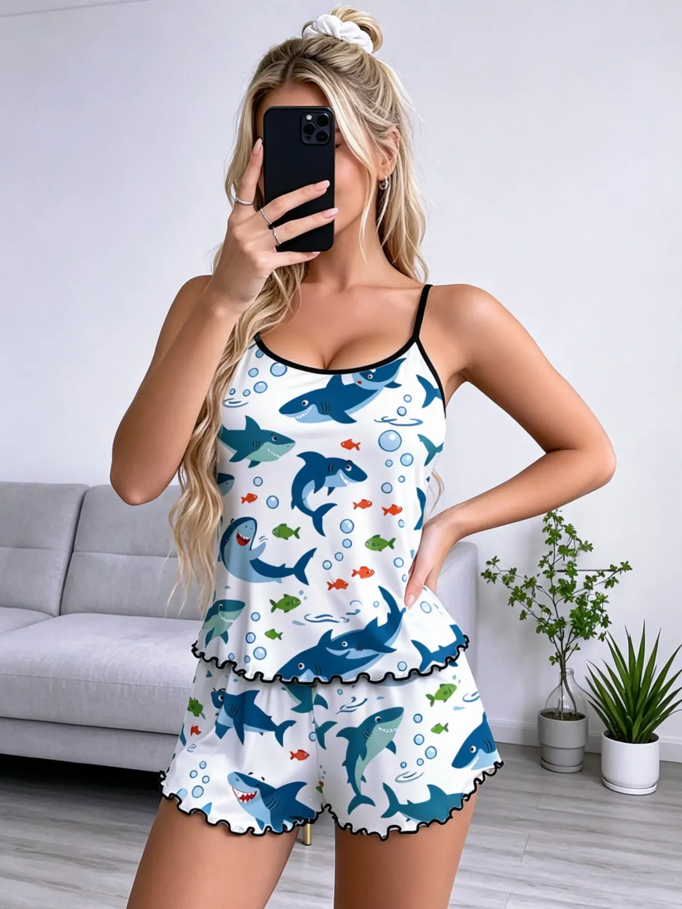 Ocean Series Cute Shark Print Pajama Set, Sleeveless Breathable Top & Elastic Waist Shorts, Casual Loose-Fit Sleepwear for Women