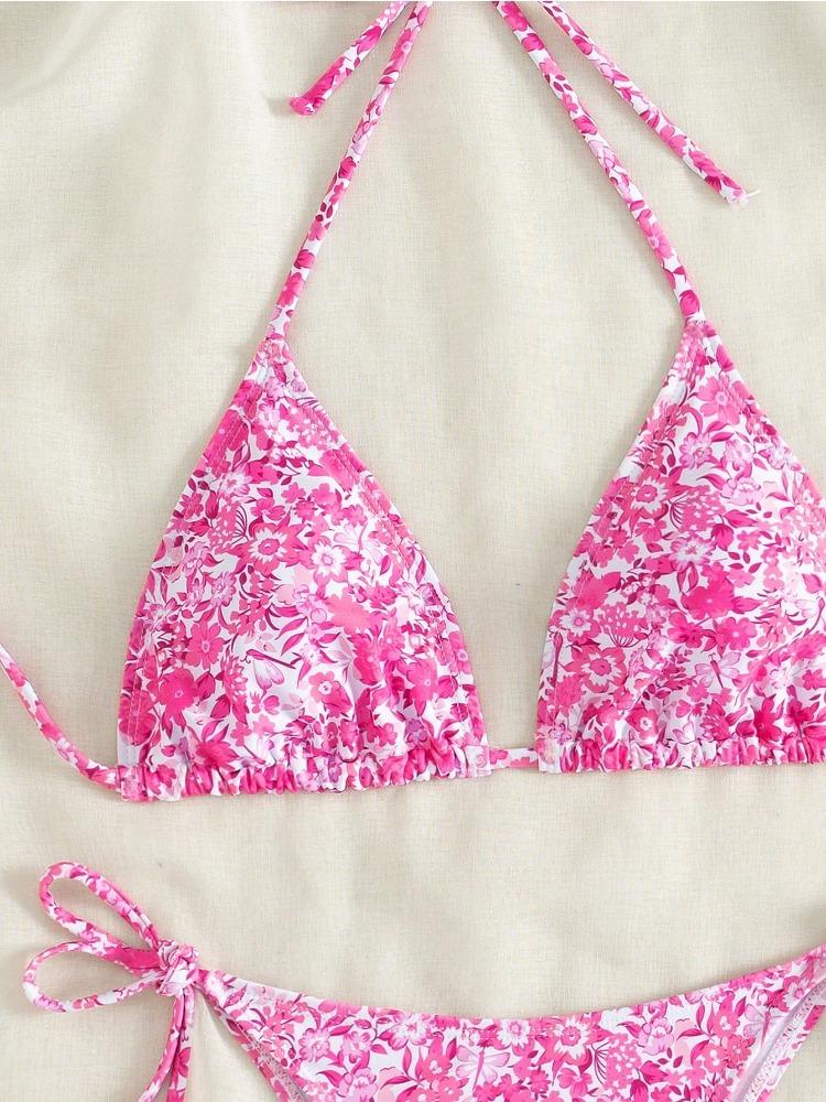 Women's Floral Bikini Set with Adjustable Straps, Sexy Vacation Beachwear, Printed Halter Neck Swimsuit, Spring Summer 2026 Fashion, Floral Print Swimsuits