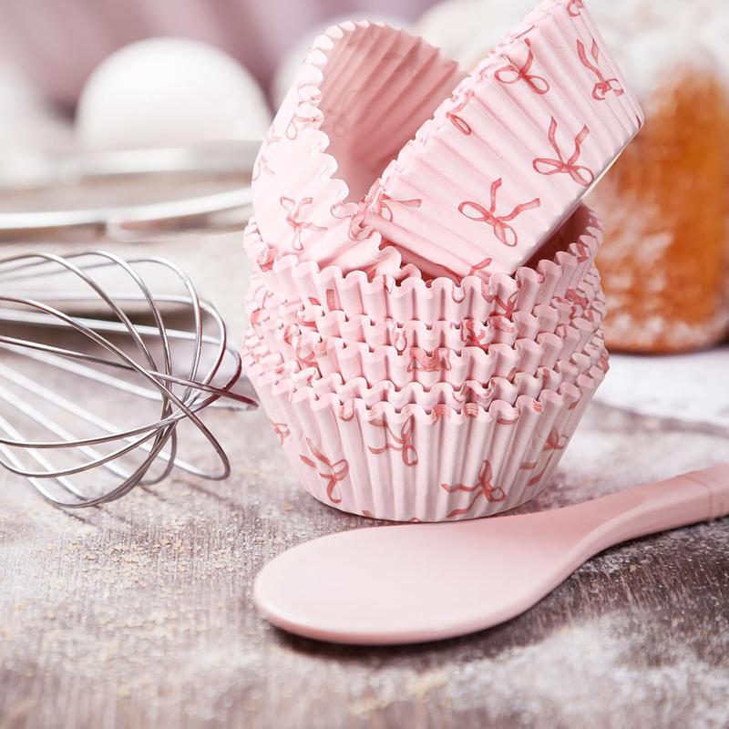 100pcs Pink bow cake paper cups, baking oil-proof disposable cake paper trays, birthday party decoration packaging supplies,Muffin Cupcake Liners 5*3cm ,Home Baking Supplies for Wedding, Birthday, Valentine's Day and Various Occasions