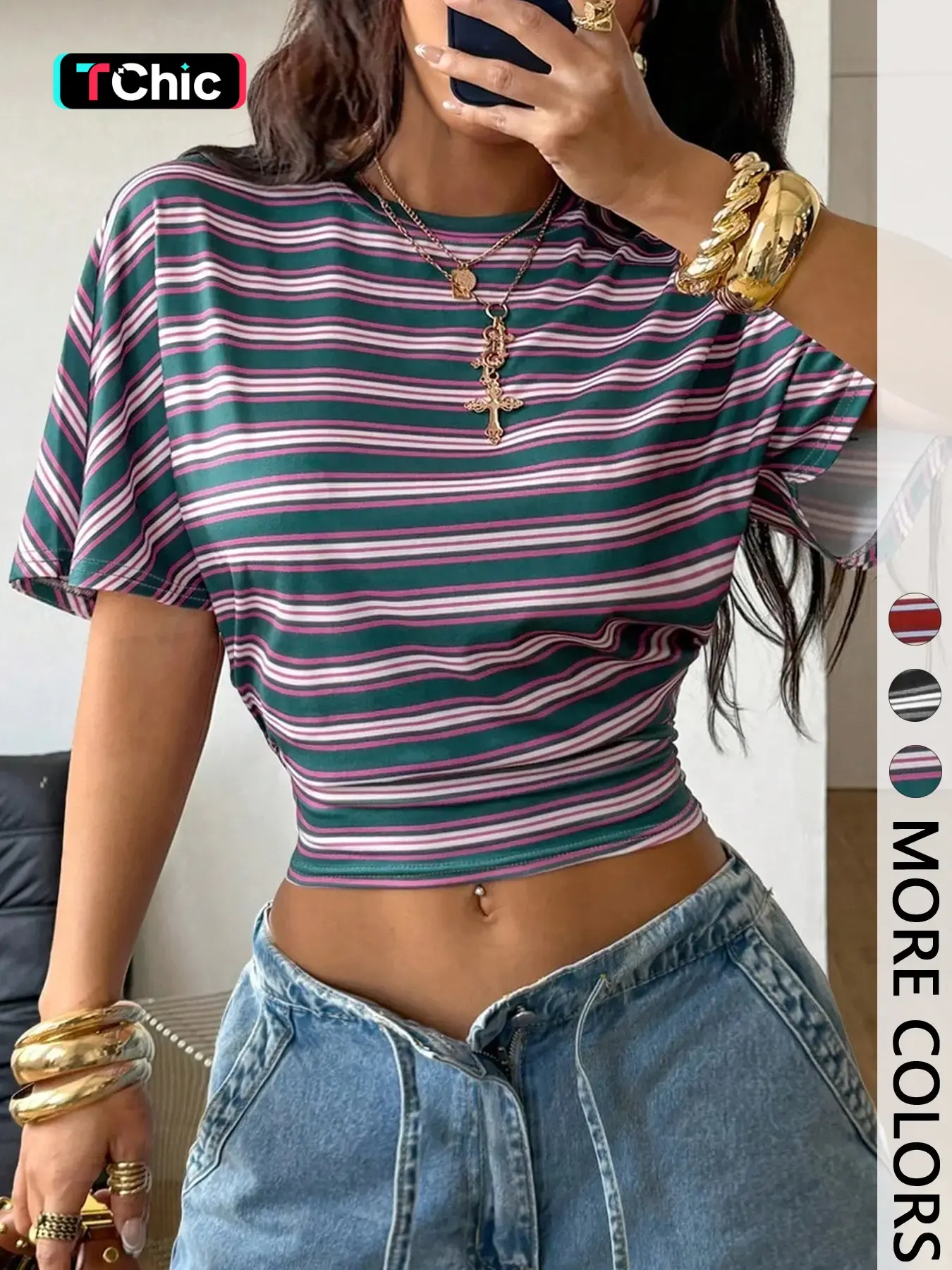 Women's Spring/Summer Minimalist Chic Y2K Preppy Basic Daily Wear Casual Back To School Streetwear Stretchy Loose Ruched Stripe Crop Tees
