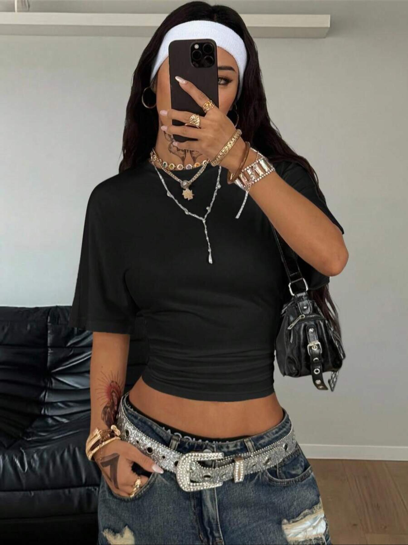 Women's Summer Casual Y2K Basic Loose Ruched Short T-Shirt, Elastic Street Style Tee for Daily Wear & Back to School