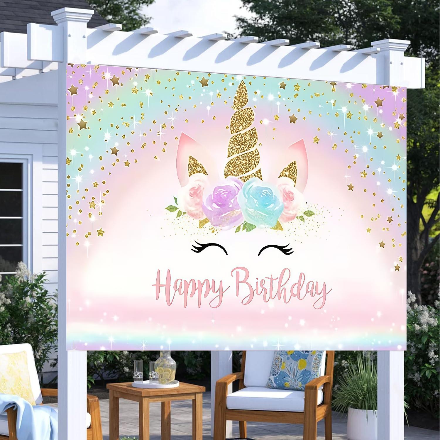 Flash gold unicorn birthday party background banner with rainbow stars, pink theme, polyester material, suitable for photo booths, parties, birthdays, celebrations, indoor and outdoor home birthday party decoration, home decoration, room decoration