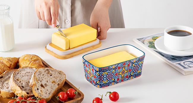 vancasso SIMI Butter Dish with Lid, 6.5" Large Butter Dish for Countertop, Bohemian Ceramic Butter Keeper Container with Knife and Bamboo Lid, Butter Holder for Counter