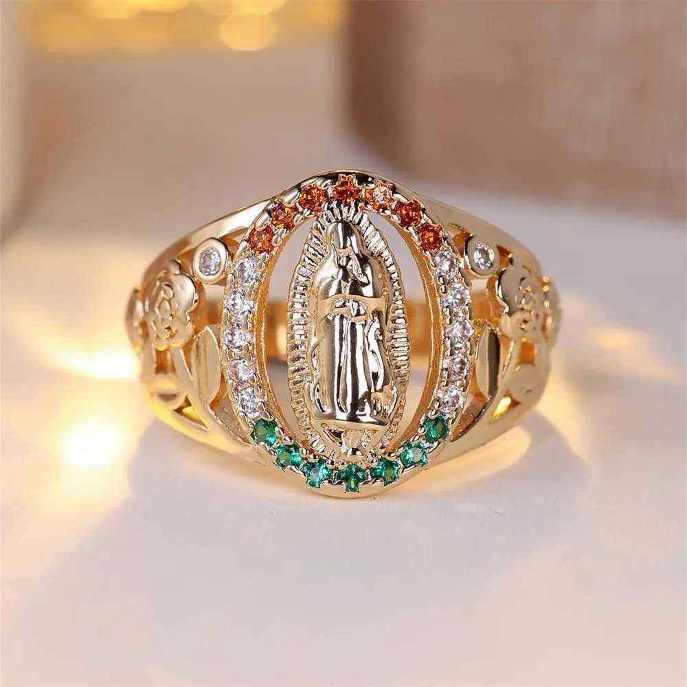 Unisex Vintage Gold-Tone Multicolor Zirconia Ring - Engagement Band, Fashion Jewelry Accessory
