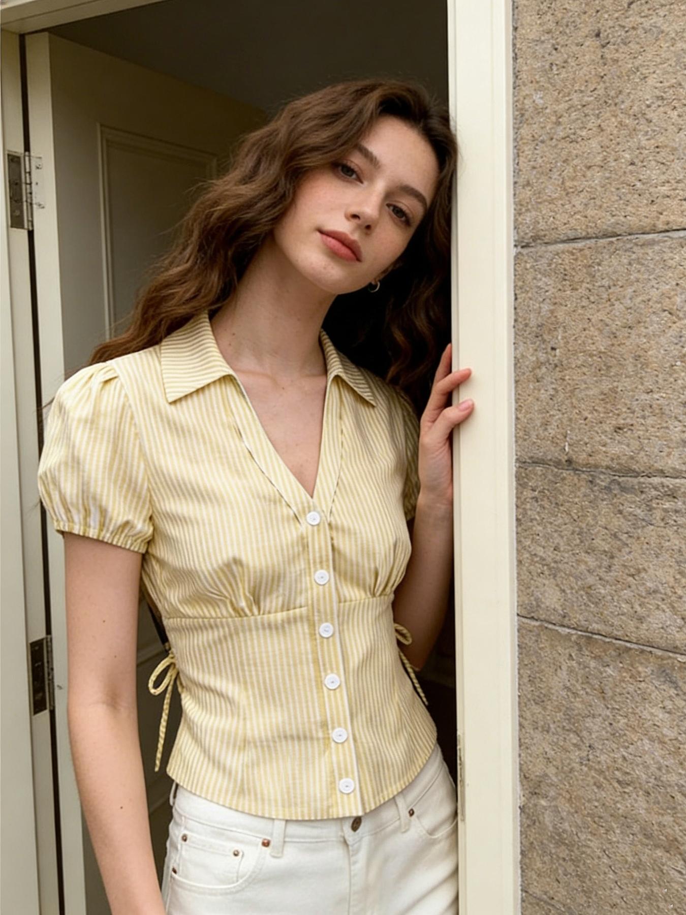 A women's fashionable yellow and white striped bubble sleeve short shirt adds sweetness, with a short silhouette that is proportionate and suitable for commuting to work, shopping, outdoor activities, indoor and outdoor dressing