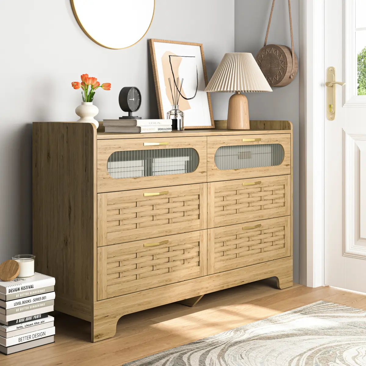 Dufominc  Wood 6 Drawer Dresser for Bedroom Large Double Dresser with Wide Drawers Modern Chest of Drawers Storage Organizer for Living Room Hallway  Bedroom Nursery Furniture