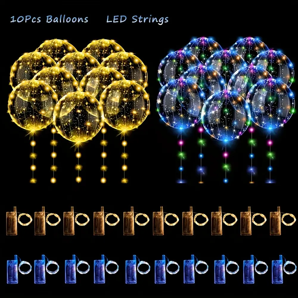 10 Balloons+10 Strings Led Lights Transparent Bubble Balls, Suitable For Wedding, Birthday Decoration, Party Supplies, Engagements,, New Year And Valentine's Day Mother's Day Independence Day Decor- Battery Powered AA Batteries and Helium Not include