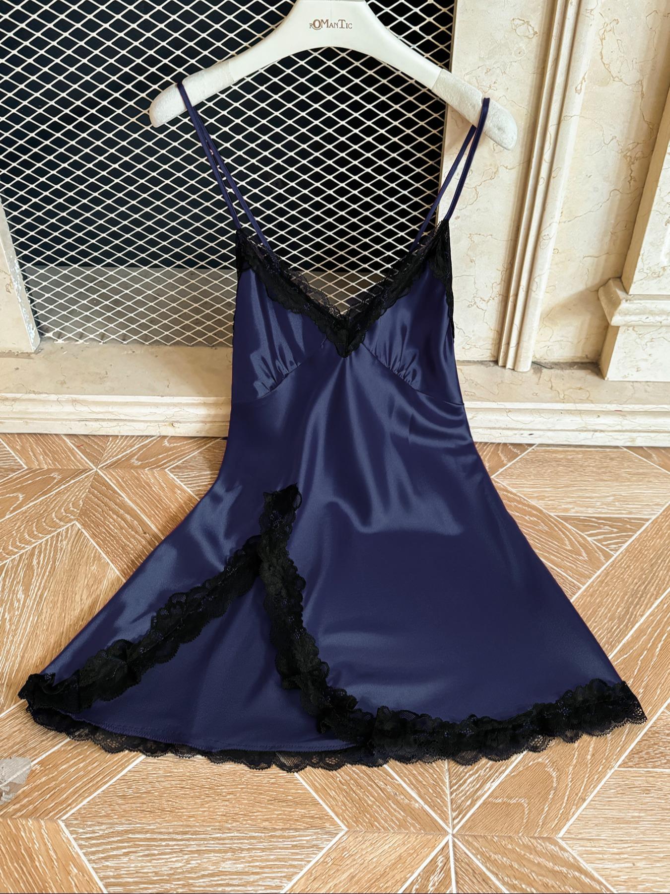 Women's Contrast Lace Split Thigh Satin Cami Nightdress, Bride's Nightgown, Elegant Criss Cross Backless Nightgown, Women's Summer Sleepwear, Summer Outfits 2024, National Day Offers