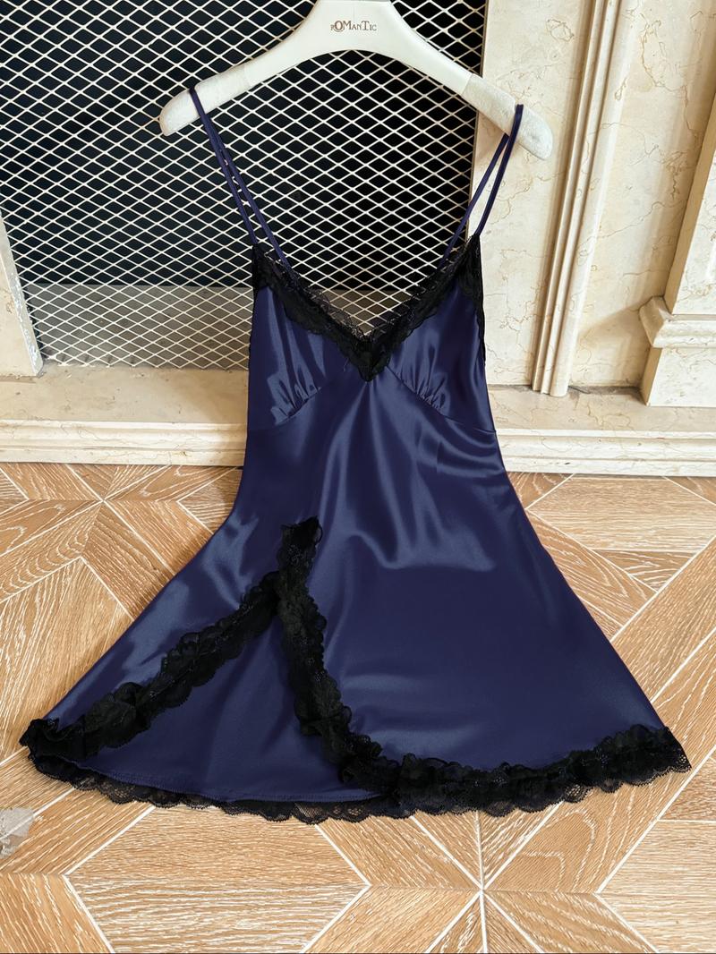 Women's Contrast Lace Split Thigh Satin Cami Nightdress, Bride's Nightgown, Elegant Criss Cross Backless Nightgown, Women's Summer Sleepwear, Summer Outfits 2024, National Day Offers