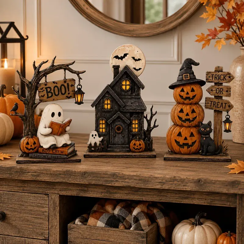 Halloween Autumn Decor, Vintage Wooden 3-Piece Set, Pumpkin Ghost Wood Blocks, Festive Home Decoration, Retro Wood Blocks for Display