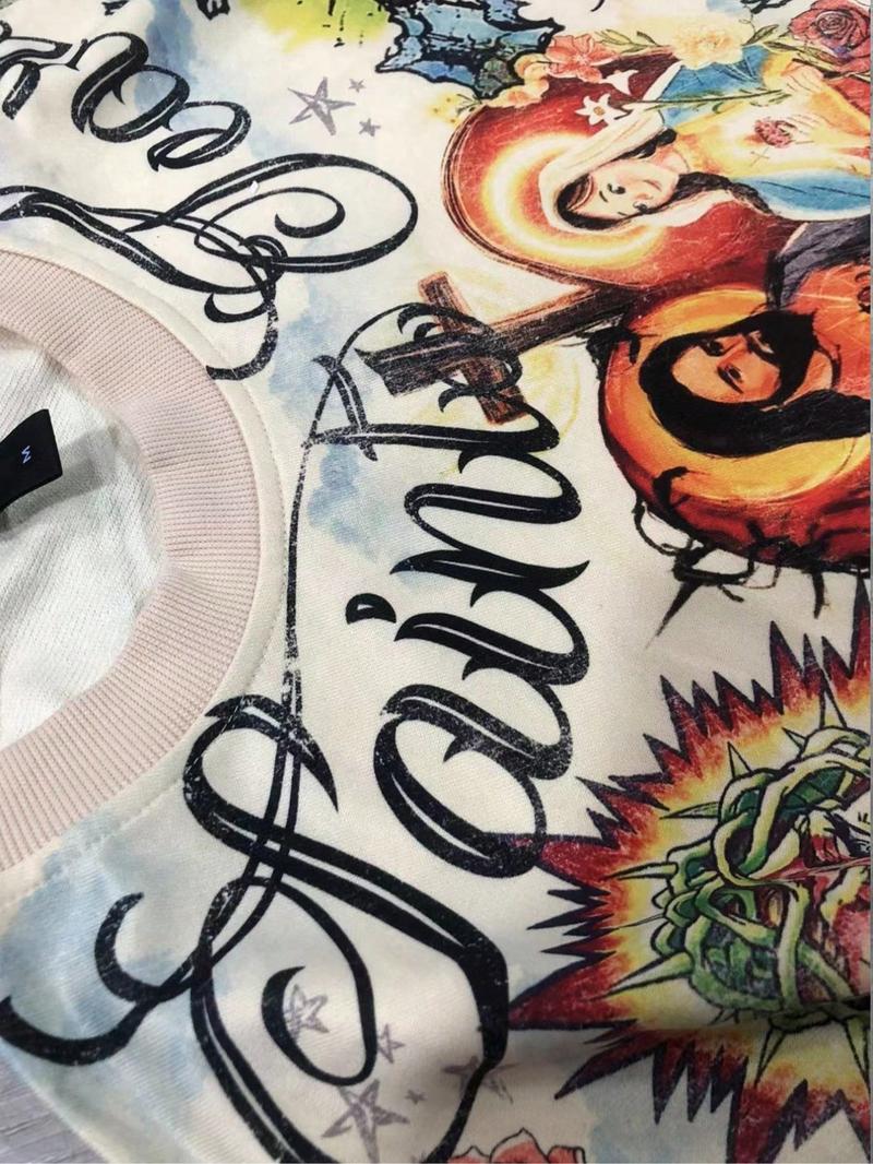 Men's Vintage Street Style Saint Print Long Sleeve Round Neck T-Shirt, Casual Street Wear, Loose-Fitting Short Top for Fall, 2000s Fashion