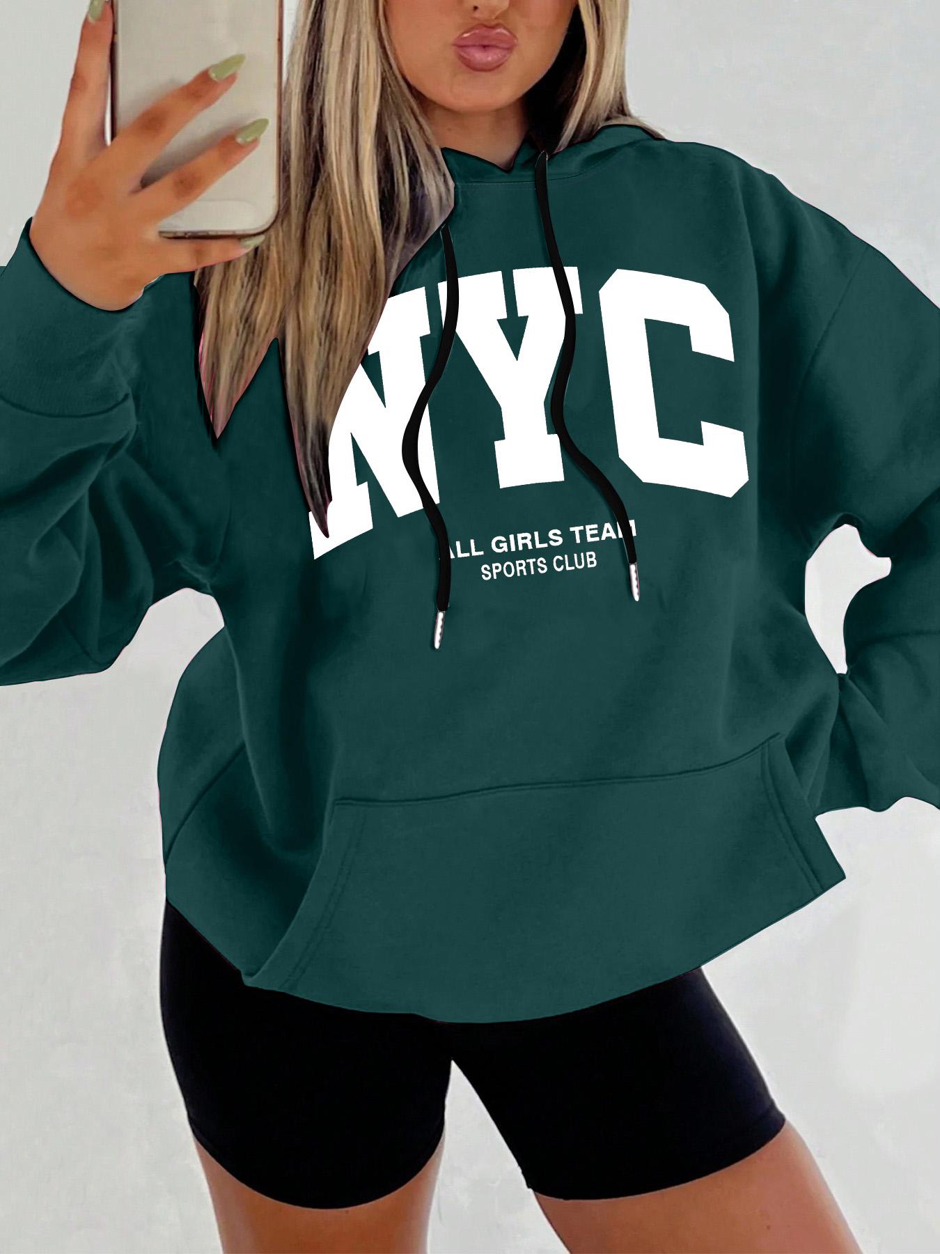 Women's Letter Print Drop Shoulder Hoodie, Fashion Casual Drawstring Pocket Hooded Sweatshirt for Daily Holiday Outdoor Wear, Women Clothing for Fall & Winter