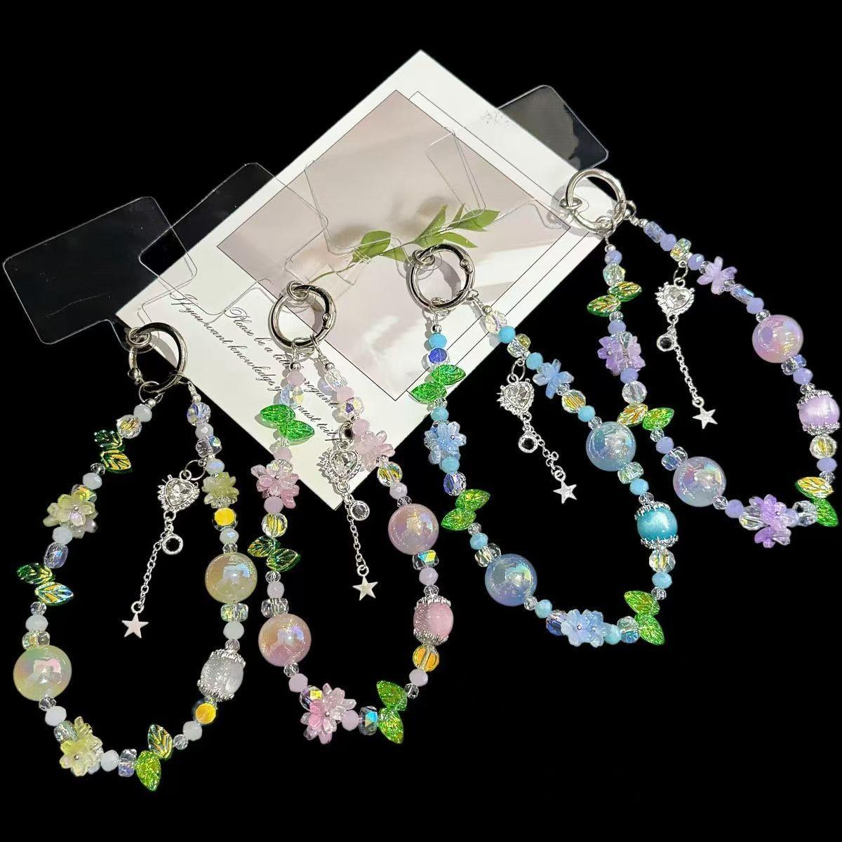 European Style Crystal Phone Charm, Blue Flower Leaf Pearl Silver Star Pendant, Anti-Loss Phone Chain, Fits Phone Case, Ccd Camera Bag Strap