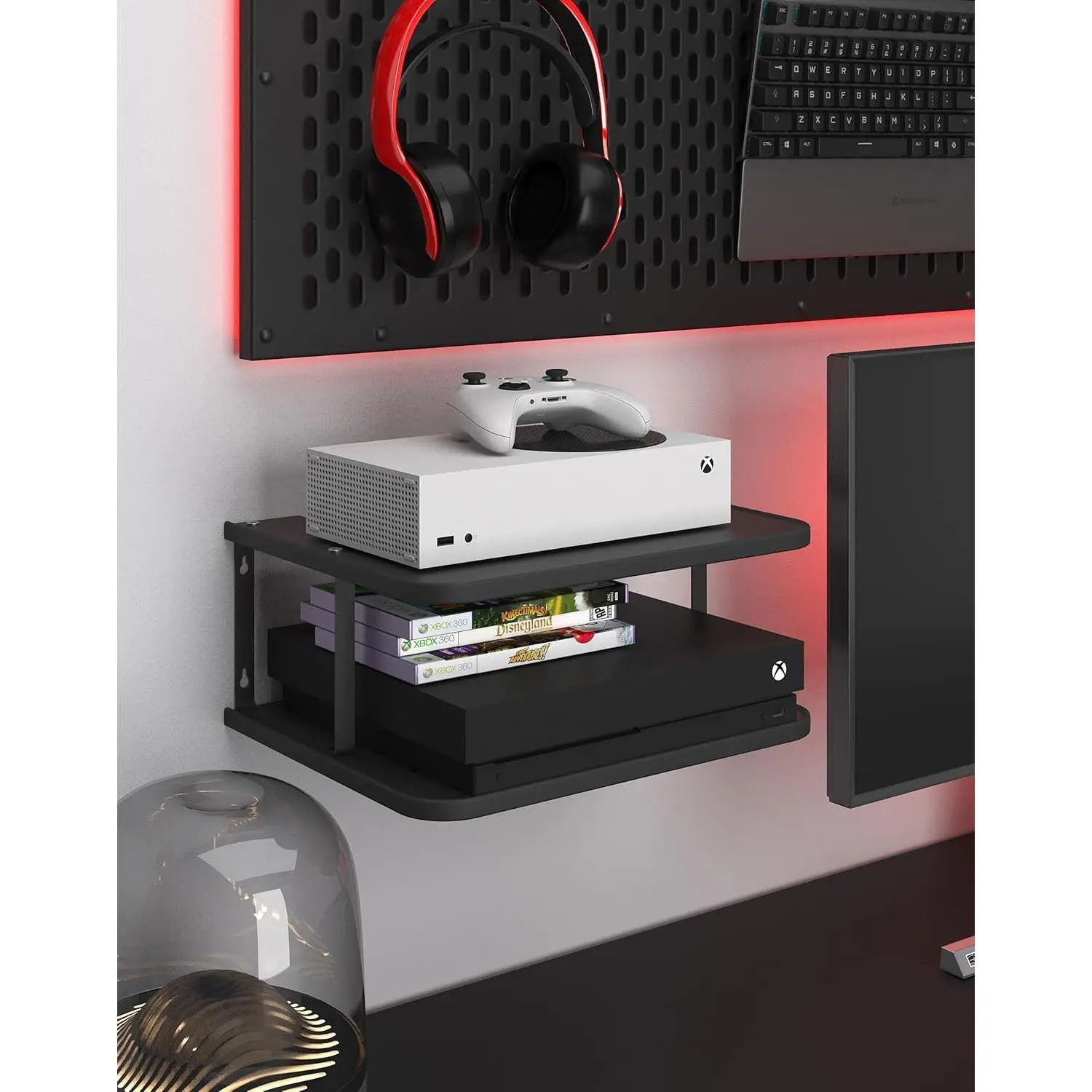 Black Projector Wall Shelf/Floating Under TV Game Double Shelf Stand for Xbox, Router/Entertainment Center, Projector Holder Accessories
